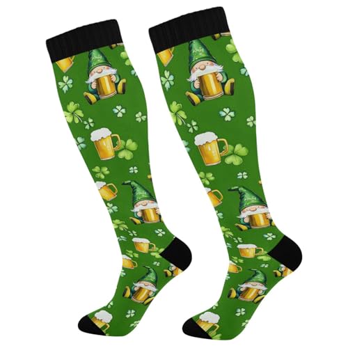 SUABO Green Gnome Shamrock Beer Compression Sock for Women Men Knee High Socks Circulation Long Socks for Running Travel 1 Pack