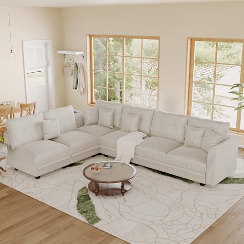 Image of LLappuil Corduroy Modular Sofa Set, 6-Seater Reversible L-Shaped Sectional Couch with Storage, Soft Fabric for Cozy Living Room, Apartment, Included Back Cushions & Throw Pillows, Beige