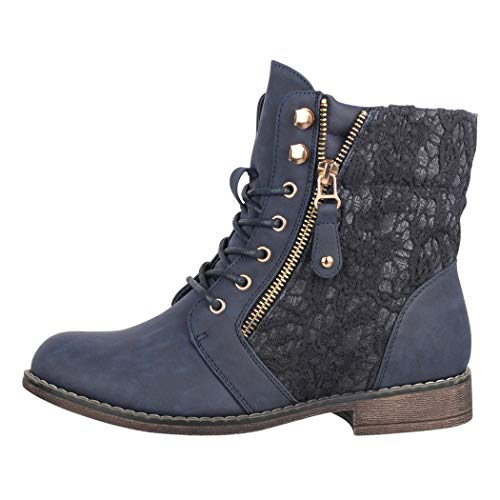 Elara Damen Stiefeletten Worker Boots Spitze Chunkyrayan B9812-KB Dunkelblau-39