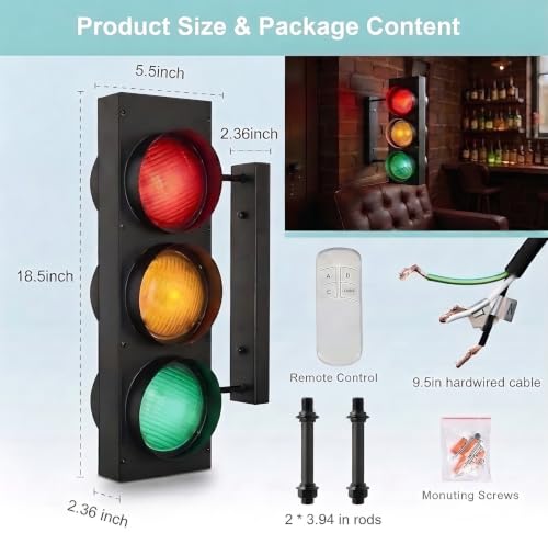 Image of Traffic Light Wall Lamp Remote Control Retro Kids Bedroom Stop Light, Industrial LED Wall Sconce, Double Sided Vintage Fun Classroom Lights for Home Office Bar Garage Car Room Decor Christmas