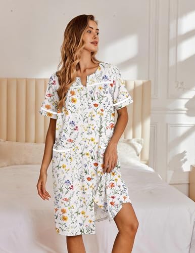 Image of Ekouaer Nightgowns for Women House Dress with Pockets Button Down Sleepshirt Short Sleeve Nightshirt Housecoat