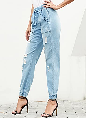 Dokotoo Women's Casual Ripped Distressed Denim Joggers Elastic Drawstring Tie High Waist Boyfriend Jeans Pants For Women 2023 Fashion Xx-Large Light Blue #TOP1