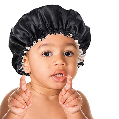 Kids Satin Bonnet Adjustable Sleeping Cap Silk Soft Night Hair Bonnet for Toddler Child Baby (Black)