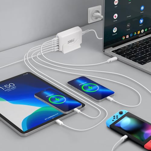 Adaptador de Corriente 200W multipuerto GaN III con cable usb c 100w para iphone ipad y macbook 6