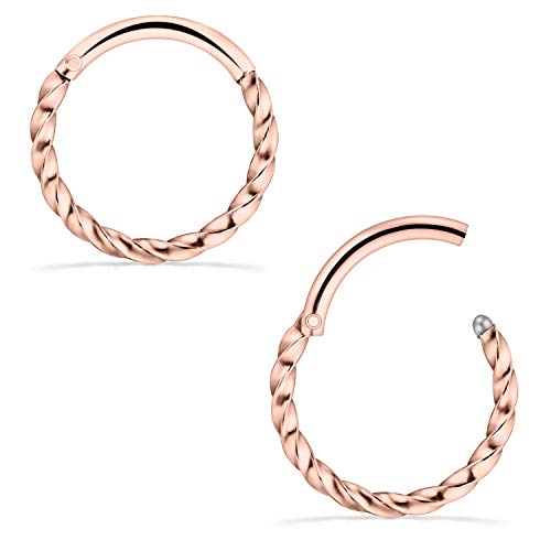 Scerring 2Pcs 16G Stainless Steel Hinged Clicker Segment Septum Nose Lip Ring Hoop Cartilage Tragus Sleeper Earrings Body Piercing Jewelry Braided 10Mm Rose Gold #TOP3