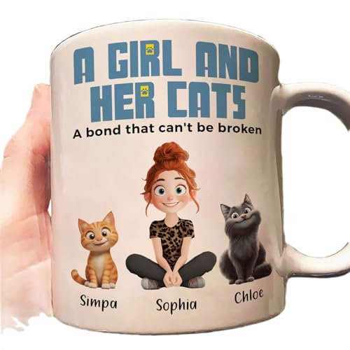 Personalized Cat Mom Mug - Girl & Cats Bond Coffee Cup