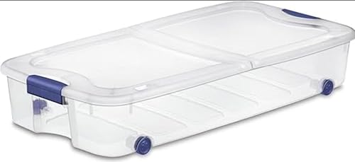 Caja de pestillo con ruedas de 66 cuartos de galón, con tapas, contenedor de almacenamiento de plástico transparente debajo de la cama, azul