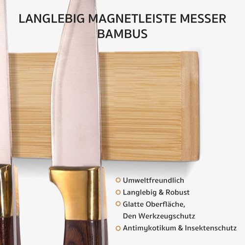 Barra Magnetica per Coltelli - Porta Coltelli Magnetico in Bambù con Magnete Extra Forte 40 X 6 X 2 cm, Muro Appendi Barre Magnetiche per Coltelli y Utensili, Calamita per Coltelli da Cucina - immagine 4