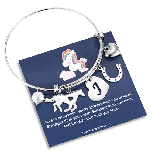 Image of C-leen Horse Gifts for Women Girls Kids, 14K White Gold Plated Horse Charm Bracelet Dainty Expandable Heart Initial Bangle Bracelets Birthday Gifts for Women Girls Jewelry