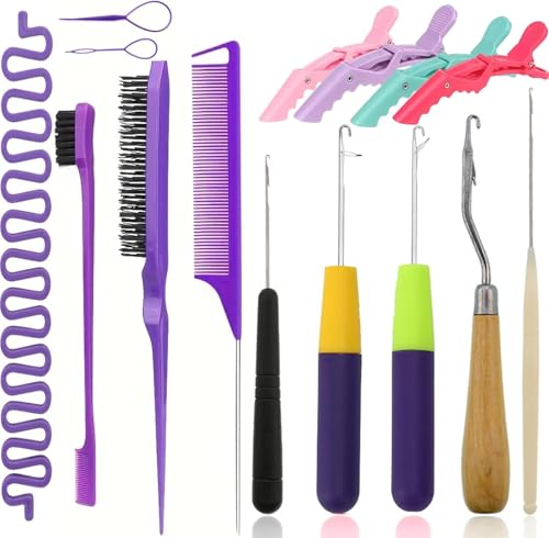 Nalexmi Crochet Hooks for Hair 15-Piece Styling Kit for Braiding and Extensions Passion Twist Extensions Tail Comb Duckbill Hair Clips for Kids Adults (15)