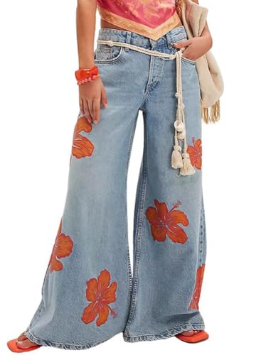 chouyatou Women's Retro Flare Wide Leg Jeans Floral Printed High Waist Palazzo Jean Trousers Denim Pants