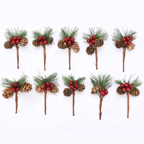 Plcnn Lot de 20 branches de pin artificielles de Noël rouges avec pommes de pin pour l'hiver, Noël, les vacances, les loisirs créatifs, la décoration Cover