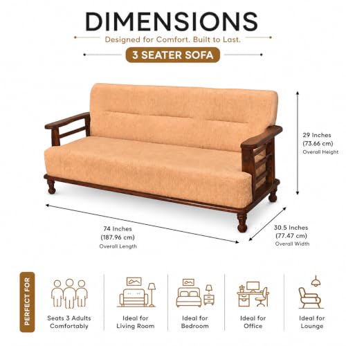 Image of Furniture Solid Sheesham 3 Seater Wooden Sofa for Living Room with Cushion|Slatted Armrest Design Wood 3-Person Sofa Set /Couch for Bedroom,Home,Office & Lounge|Brown Finish,Biscuit /Cream Color
