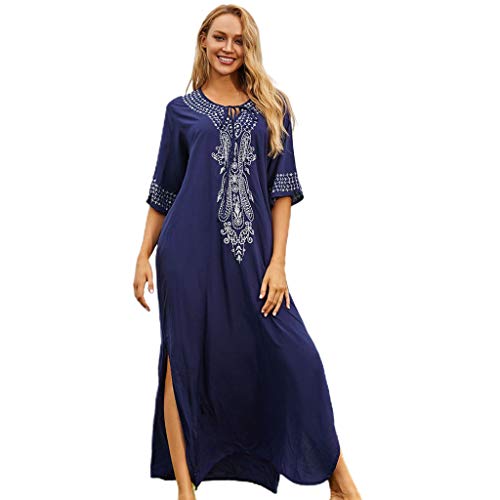 Uqezagpa Traje de baño de media manga para mujer, bordado floral, caftanes, abertura lateral, con cordones, cuello en V, vestido largo de playa, traje de baño