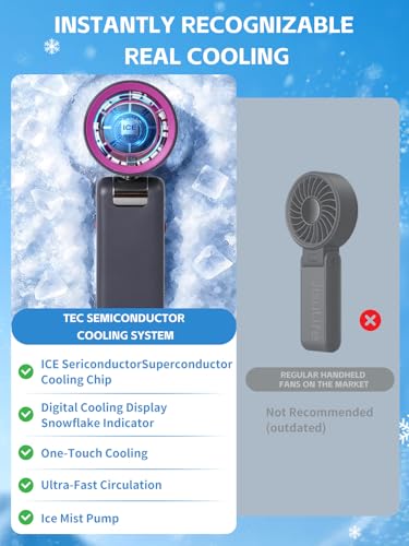 Image of Portable Handheld Fan with Ice Cooler, 199 Speed Personal Fan,Foldable 3 in 1 Rechargeable Battery Operated Essentials Hand Fans Summer Essential for Travel /Outdoor /Office（Grey Purple）