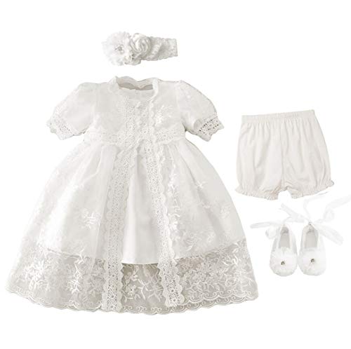 Bow Dream Christening Gown Baby Girl Lace Toddler Off White Special Occasion Dresses 4Pcs 3-6 Months