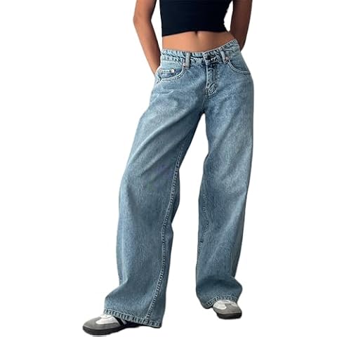 Pivanzore Women Wide Leg Jeans Casual High Waist Baggy Boyfriend Denim Pants Y2K Straight Streetwear Jeans Mom Jeans Trousers(Light Blue,Medium) Cover