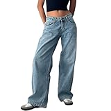 Mxiqqpltky Low Rise Jeans for Women Mom Jeans Wide Straight Leg Baggy Jeans Y2k Vintage Boyfriend Denim Pants Streetwear(Pale Blue,Small)