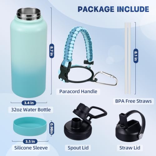 Image of Insulated Water Bottle, 32 oz Stainless Steel Wide Mouth Water Bottles with 2 Leak Proof Lid and Paracord Handle, Double Wall Vacuum Insulated Sports Water Bottle, Mint Green
