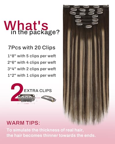 Image of Moresoo Clip in Hair Extensions Brown Balayage Human Hair 22 inch 120g | Human hair clip in extensions, caramel brunette balayage, 7pcs, double weft, smooth straight styling for full-length blend