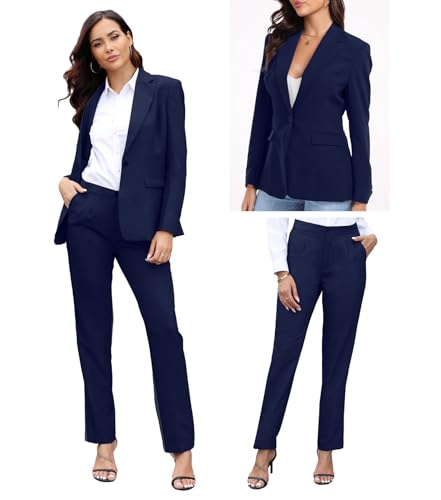 Women's Suit 2 Piece Slim Fit Formal Notched Lapel Lady Solid Work Outfits Casual Blazer Jacket Pants Set for Business Office - Image 3