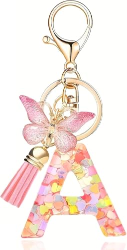 riKRishnaya Artworks Resin Alphabet Keychain with cute Butterfly, Tassel, Multicoloured, Decorative Bag and Car Accessory For Women and Men,Valentine's Day Gift (A, Pink Heart)
