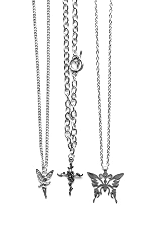 9 Pcs Grunge Necklace Set Goth Cross Fairy Thorns Gothic Angel Heart Feather Chain Choker Necklace for Women Teen Girls