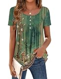 Zeagoo Camisetas de Manga Corta para Mujer Verano Cuello Redondo T-Shirt Básica Túnica Camisa Casuales Suelto Top con Estampado de Botones Amarillo Verdoso XL