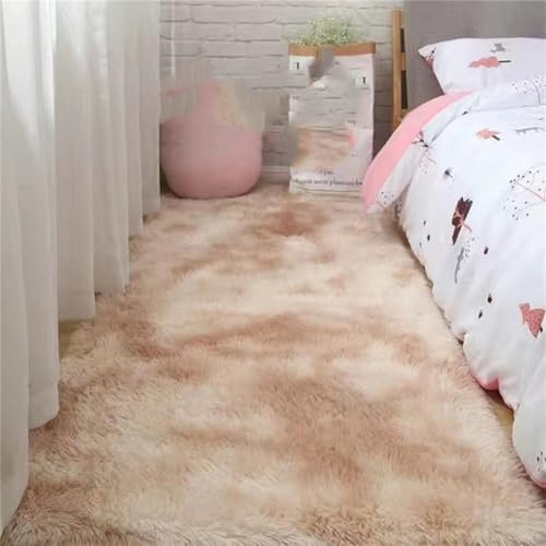 PEKMAR Alfombra de pie de Seda para Dormitorio, Alfombra de Pelo Largo para Cubrir la habitación del hogar, Manta de Cama Antideslizante con Efecto Tie-Dye, Camello Claro, 400MMx600MM