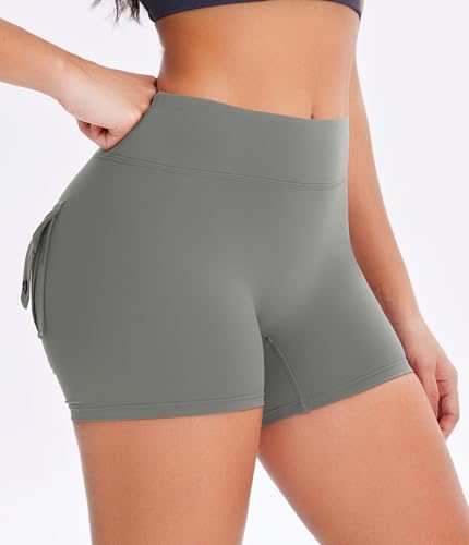 YOAKUKA Women Workout Shorts Scrunch with Pockets Butt Lifting Gym Yoga Workout Biker Cargo Shorts Dark Gray — view 5