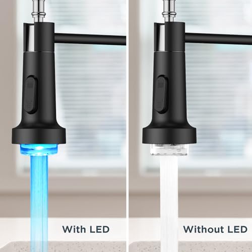 Image of FORIOUS LED Kitchen Faucet with Pull Down Sprayer Black, Modern Single Handle Stainless Steel Commercial Spring Sink Faucet with LED Light for Pot Filler, Farmhouse Camper Bar Laundry Room