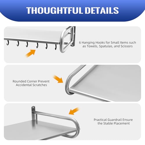 FROPIJ Estantería para microondas, de acero inoxidable, soporte para microondas, montaje en pared, con 6 ganchos móviles, soporte de pared para horno, microondas (plata) - imagen 7