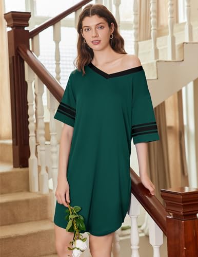Image of Ekouaer Nightgowns for Women 2 Pack Sleepshirts Short Sleeve Nightshirt V Neck Sleepwear Casual Pajama Dress