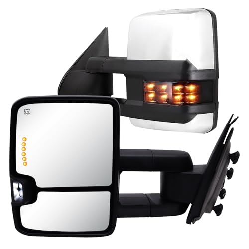 Towing Mirrors A Pair for 2014-2018 Chevy Silverado/GMC Sierra 1500 2500 3500HD, Power Heated, Smoke Signal & Glass Arrow & Clearance Light, Telescopic & Folding