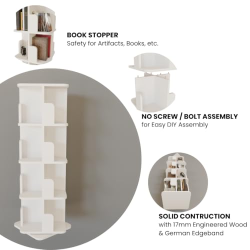 Image of COGO 4 Tier Revolving Bookshelf | 360 Smooth Revolve Mechanism | 52 x 18 x 18 inch | 130 Books Capacity | 17 mm Engineered Wood | Bookcase | Showcase | Do-It-Yourself | Colour: White