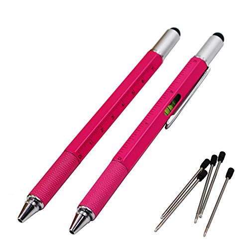 2PCS PACK 6 in 1 Screwdriver Tool Pen - Mini Multifunction Pen with Stylus, Flat and Phillips Screwdriver Bit, Bubble Level and inch cm Ruler all in one (Model A, 2PCS PINK)