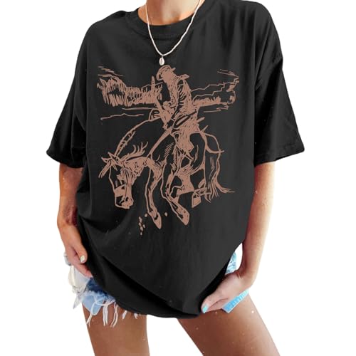 Western Cowboy Shirts for Women Oversized Vintage Rodeo Graphic Tees Boho Country Music Cute Cowgirl Summer Tops - Main Image