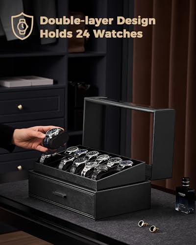Image of ProCase Watch Box for Men, 24 Slots Watch Display Holder with Clear Acrylic Top, Large Capacity PU Leather Case with Drawer Organizer, Jewelry Storage, Ideal Gift for Men Women -Black