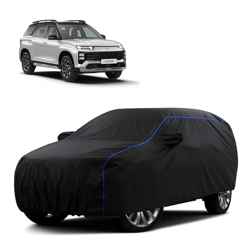 Image of Sulfar 100% Water Resistant Car Body Cover Compatible with Mirror for Hyundai Alcazar (Triple Stitched, Full Bottom Elastic, Black Tafetta with Blue Piping)