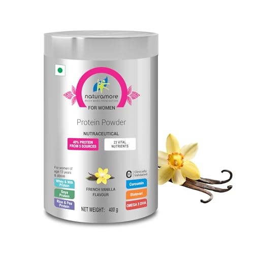Naturamore Women's Protein Powder | French Vanilla | 40% Multi-Source Protein & 23 Essential Nutrients | With Curcumin, Shatavari & Omega 3 DHA | Supports Women's General Wellness | 400g