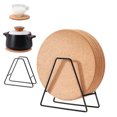 Gocoffun Cork Trivet, 5 Pack 7.5inches Round Coasters with Holders, Extra Thick Cork Trivets Reusable for Hot Pot and Hot Dishes