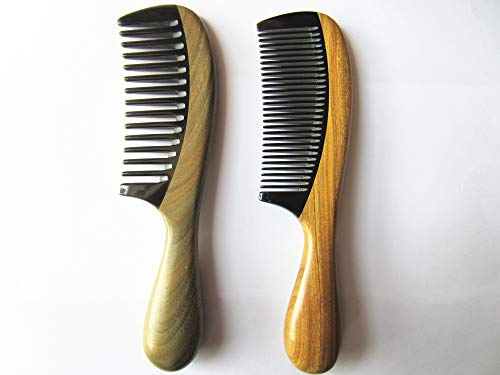Myhsmooth Gbzbybmt Handmade No Static Black Buffalo Horn Comb With Rounded Green Sandalwood Handle (Pack Of 2 Pcs:wide Tooth And Standard Tooth) #TOP2