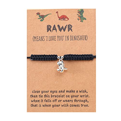 Image of HUJUON Cute Animal Dinosaur Bracelet,Handmade Braided Rope Wax Thread Tyrannosaurus Dinosaur Bracelet Promise Friendship Bracelet Gifts Card