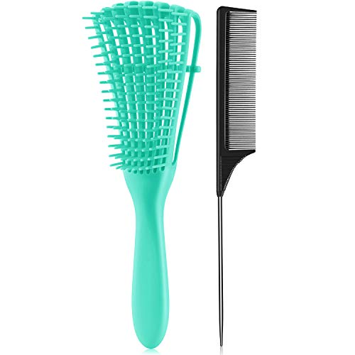 2 Pieces ez Detangler Brush 4c Hair Set with Rat Tail Comb for Curly Hair Detangler for Afro America Afro Textured 3a to 4c Kinky Wavy, for Wet/ Dry/ Long Thick Curly Hair (Green, Black)