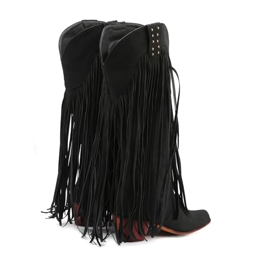 Image of KiutSymo Mid Calf Fringe Boots For Women Cowboy Pointed Toe Chunky Heels Cowgirl Western Tassel Boots