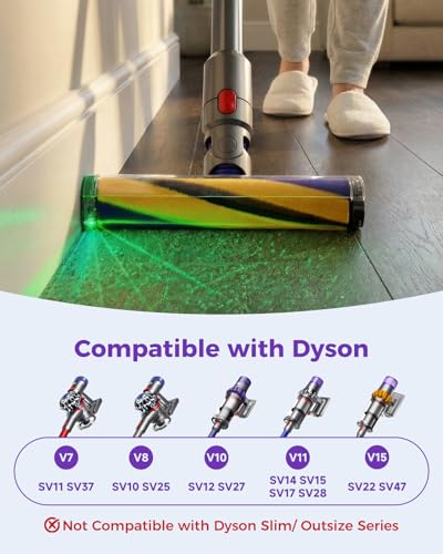 Image of V15 LED Fluffy Optic Cleaner Head for Dyson V15 V11 V10 V8 V7 Vacuum | Green Light Dust Detect, Soft Roller, Replacement Compatible, For Hardwood Floors