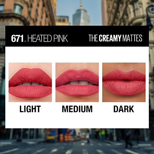 Image of Maybelline New York Color Sensational Creamy Matte Lipstick lasts up to 12 Hours, Hydrate Lips, Rich Creamy Lipstick with Shea Butter, Available in 42 Shades - 671 Heated Pink, 3.9g