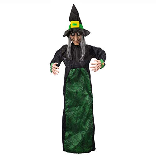 SUNREEK 57/ 145cm Suspendus Animé Sorcière Parlant Squelette Fantôme Halloween Décoration avec Yeux Rouges Lumineux