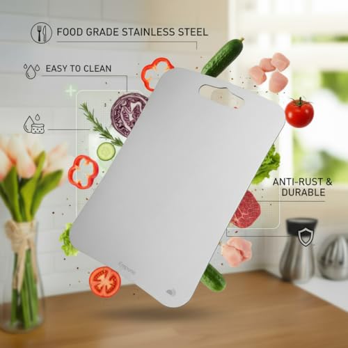Image of 304 Stainless Steel Rectangular Chopping Board for Kitchen | with 2 Steel Straw & Anti-Skid Silicon Pad | Both Side Usable | for Cutting Vegetables, Meat | Large | 35 x 25 cm