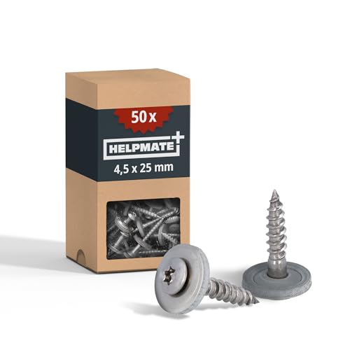 HELPMATE Spenglerschrauben 4 5x25 mm 50 Stück Edelstahl A2 DIN 7995 T20 Dachdeckerschrauben mit Linsenkopf Tellerscheibe & EPDM-Dichtung Silber